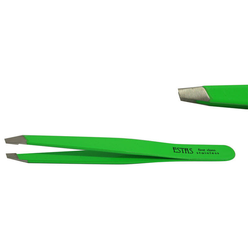 Pinzetta sopracciglia acciao inox taglio obliquo Fluo Green Estas